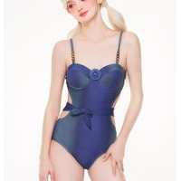 Flroal Blue Cut-out Swimsuit - Thumbnail 4