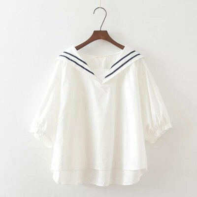 Sweet navy collar splicing loose pullover short-sleeved babydoll blouses