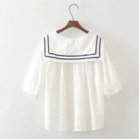 Sweet navy collar splicing loose pullover short-sleeved babydoll blouses - Thumbnail 1