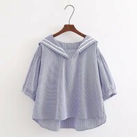 Sweet navy collar splicing loose pullover short-sleeved babydoll blouses - Thumbnail 4