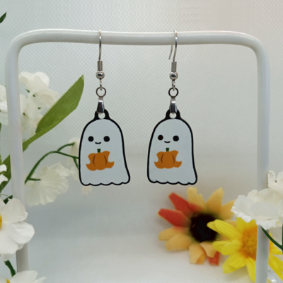Cute halloween ghost holding a pumpkin earrings
