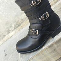 Crafted Leather Bespoke Dress Shoes Black Calf Leather Triple Buckle Strap Ankle High Military Boot - Thumbnail 1