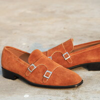  Crafted Leather Classic Suede Leather Double Monk Strap Loafers Dress Shoes - Thumbnail 3