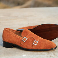  Crafted Leather Classic Suede Leather Double Monk Strap Loafers Dress Shoes - Thumbnail 1
