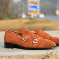  Crafted Leather Classic Suede Leather Double Monk Strap Loafers Dress Shoes - Thumbnail 2