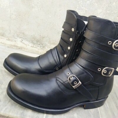 Crafted Leather Bespoke Dress Shoes Black Calf Leather Triple Buckle Strap Ankle High Military Boot