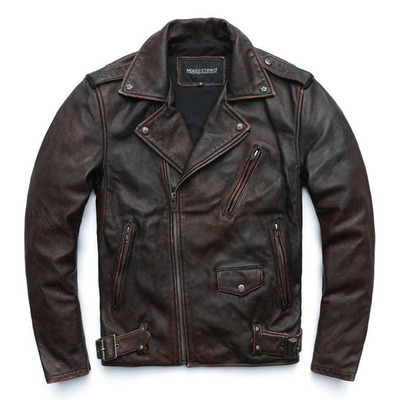 Vintage retro pocket design lapel collar genuine leather motorcycle jacket