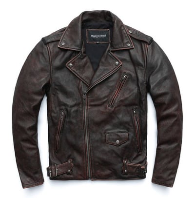 Vintage Retro Pocket Design Lapel Collar Genuine Leather Motorcycle Jacket