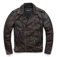 Vintage Retro Pocket Design Lapel Collar Genuine Leather Motorcycle Jacket - Thumbnail 1