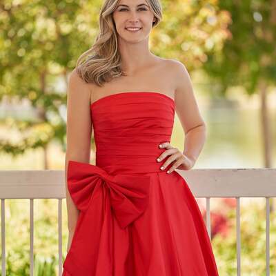 A-line red strapless mini homecoming dress with bow