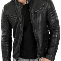 MENS GENUINE LEATHER JACKET SLIM FIT REAL CAFE RACER BIKER NEW VINTAGE - Thumbnail 4