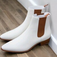 100% Premium Quality Pure White Leather Chelsea Ankle High Handmade Boot For Men's - Thumbnail 1
