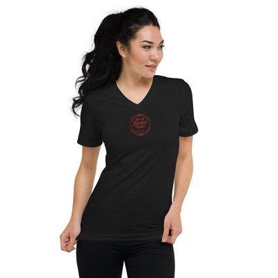 Cleo Harper Red Lady Unisex Short Sleeve V-Neck T-Shirt with Embroidered front logo