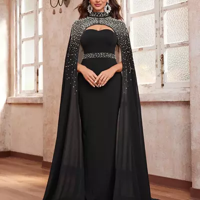 High neck mermaid prom dresses sexy crystals beadings sequined shawl gowns formal mother of the bride dress evening wear black plus size evening gown
