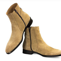 NEW Handmade Men's Beige Jodhpurs Buckle boot, Men's Suede Side Zipper Fashion - Thumbnail 4