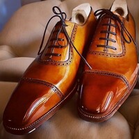 Classic Wear Hand Made Brown Oxfords Cap Toe Leather Lace Up Wedding Shoes - Thumbnail 1