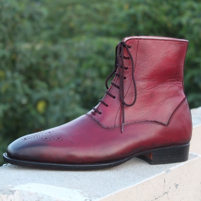 Crafted leather bespoke shoes classic burgundy leather ankle high lace up dress boot - Thumbnail 2