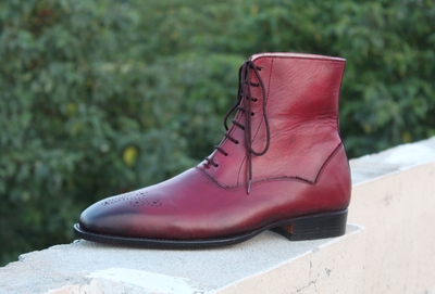 Crafted Leather Bespoke Shoes Classic Burgundy Leather Ankle High Lace up Dress Boot