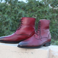 Crafted Leather Bespoke Shoes Classic Burgundy Leather Ankle High Lace up Dress Boot - Thumbnail 2