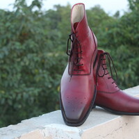 Crafted Leather Bespoke Shoes Classic Burgundy Leather Ankle High Lace up Dress Boot - Thumbnail 6