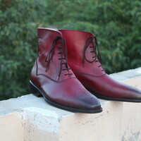 Crafted Leather Bespoke Shoes Classic Burgundy Leather Ankle High Lace up Dress Boot - Thumbnail 9