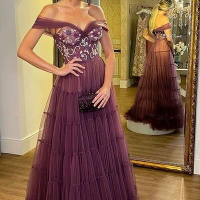 A line off the shoulder tulle formal evening dresses - Thumbnail 3