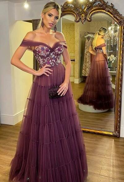 A Line Off The Shoulder Tulle Formal Evening Dresses