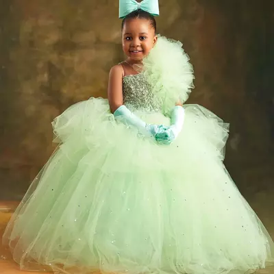 Mint crystals flower girl dresses ball gown tulle beaded flower vintage little girl peageant birthday christening dress gowns - Thumbnail 3