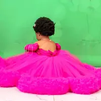 Fuchsia Flower Girl Dresses First Communion Dress Sheer Neck Tassel Hand Made Flowers Tiered Tulle Princess Queen Birthday  - Thumbnail 1