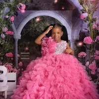 Luxury Pink Organza Pageant Quinceanera Dresses for Little Girls Halter 3D Floral Flowers Lace Flower Girl First Communion Dress - Thumbnail 1