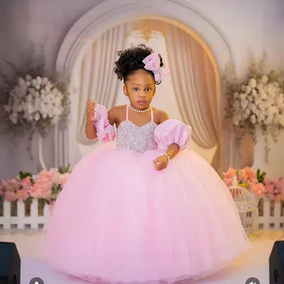 Pink flower girl dresses birthday party dress illusion spaghetti straps rhinestones beaded decorated tiered tulle princess ball gown
