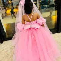 Pink Flower Girl Dresses Birthday Party Dress Illusion Spaghetti Straps Rhinestones Beaded Decorated Tiered Tulle Princess Ball Gown - Thumbnail 5