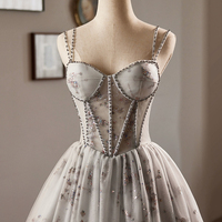 Gray Tulle Sequins Short A-Line Prom Dress - Thumbnail 1