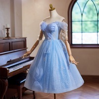 Blue Tulle Off the Shoulder A-Line Party Dress - Thumbnail 1