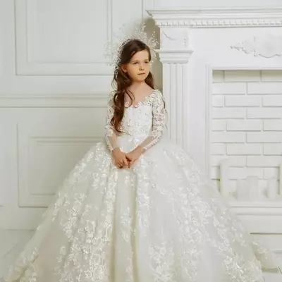 Ivory girls dresses long sleeve lace flower for weddings princess first communion evening party birthday pageant prom ball gowns