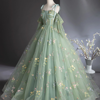 Green Floral Tulle Long Formal Evening Dress - Thumbnail 1