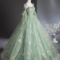 Green Floral Tulle Long Formal Evening Dress - Thumbnail 2