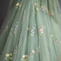 Green Floral Tulle Long Formal Evening Dress - Thumbnail 4
