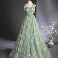 Green Floral Tulle Long Formal Evening Dress - Thumbnail 5