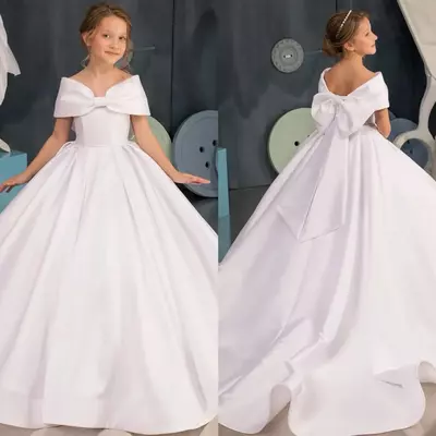 Elegant white satin flower girl dresses baby girls for wedding party gown off shoulder bow tie kids communion dress