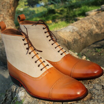 Bespoke handmade beige suede tan leather ankle high lace up boot