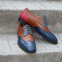 Crafted Leather Classic Multi Color Leather Wingtip Oxford Lace up Dress Shoes - Thumbnail 3