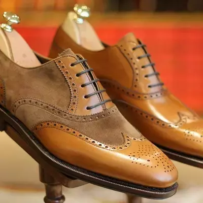Handmade men's genuine tan leather, suede oxford lace up wingtip brogue shoes