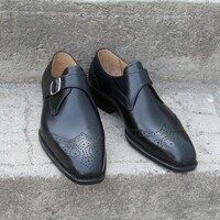 Crafted Leather Classic Black Wingtip Single Monk Strap Dress Shoes - Thumbnail 1
