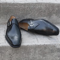 Crafted Leather Classic Black Wingtip Single Monk Strap Dress Shoes - Thumbnail 3