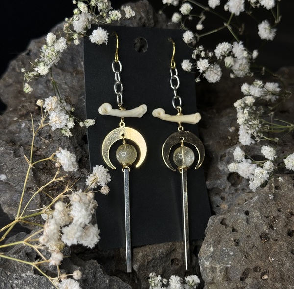 Citrine and Bobby cat moon earrings with both gold and silver colored pieces