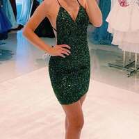 Dark Green Sequined Homecoming Dress, Spaghetti Straps Tight Party Gown,SF0539 - Thumbnail 1