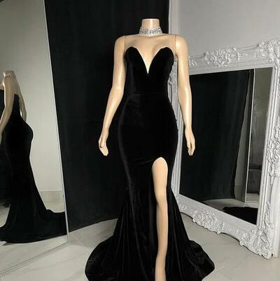 Elegant Velvet Black Formal Sleeveless Evening Dress with Split 