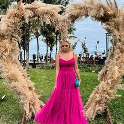 Chic fuchsia straps a line evening gown long prom dresses - Thumbnail 2