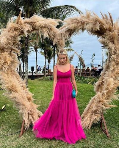 Chic Fuchsia Straps A Line Evening Gown Long Prom Dresses